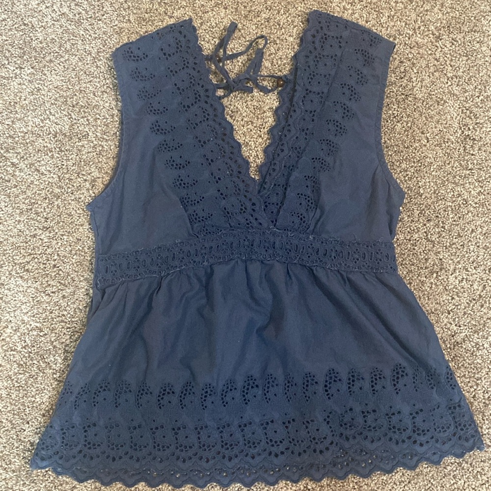 American Eagle Blue Embroidered Blouse Shirt Size Small